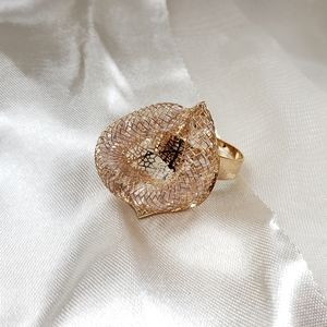 Gold Tone Mesh Crystal Leaf Ring